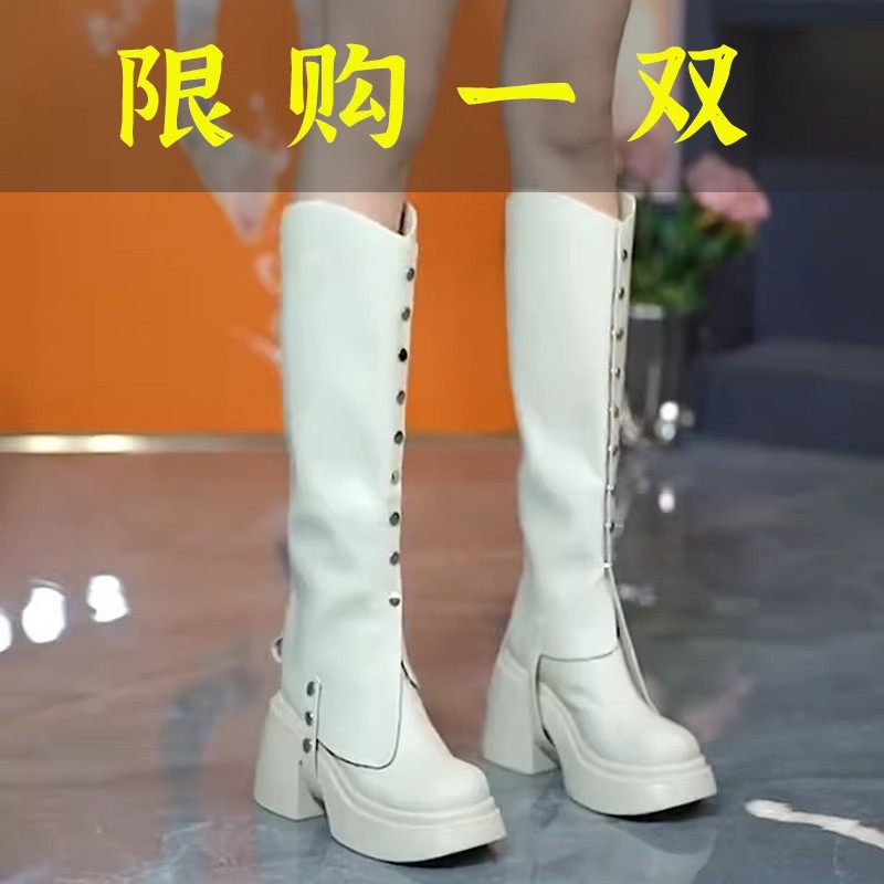 红蜻蜓牌铆钉厚底不过膝长靴女两穿2023秋冬新款高跟圆头粗跟高
