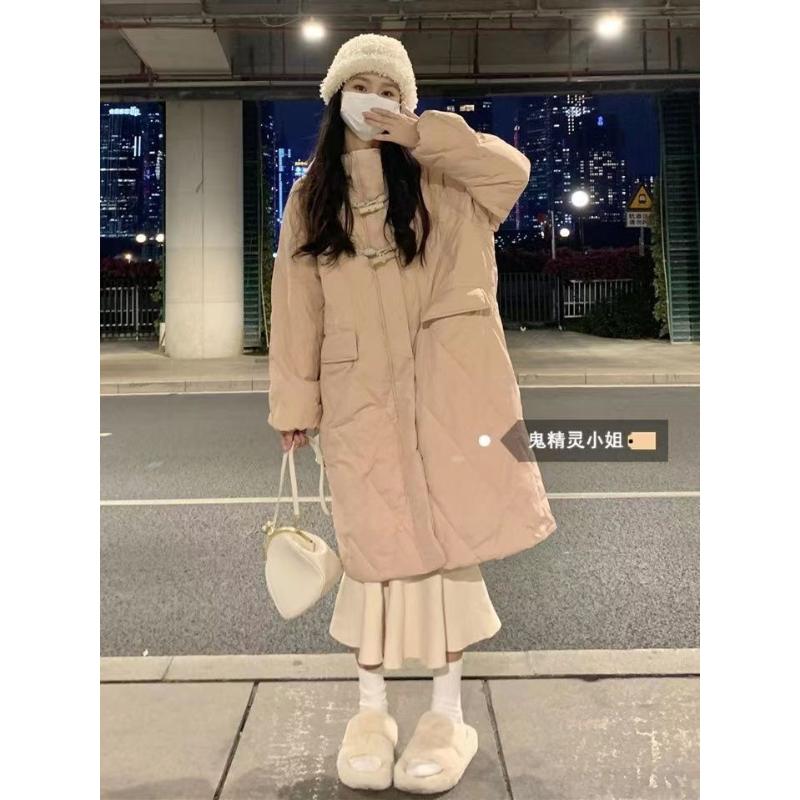 菱格牛角扣过膝棉服女2023冬季新款韩版中长款连帽保暖纯色棉衣潮