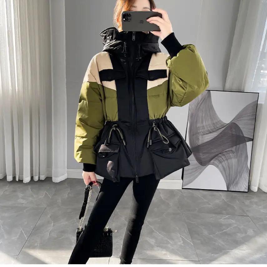 【羽绒服】连帽撞色中长款外套女加厚2023年秋冬新款时尚收腰