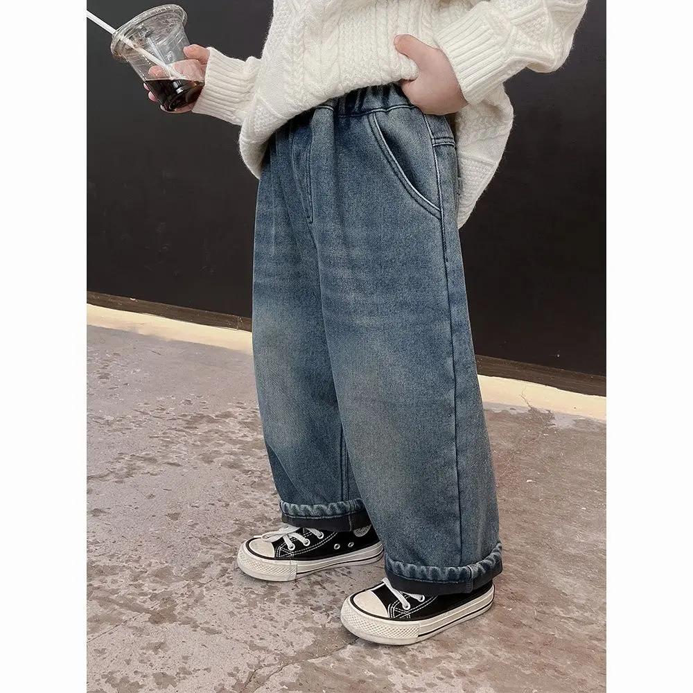 男童加绒牛仔裤冬季儿童裤子男女宝宝加厚休闲长裤直筒裤