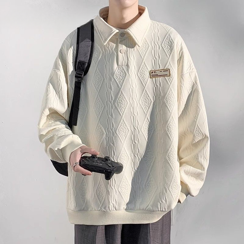 早秋长袖Polo衫卫衣男痞帅港风帅气潮牌休闲宽松翻领提花百搭上衣