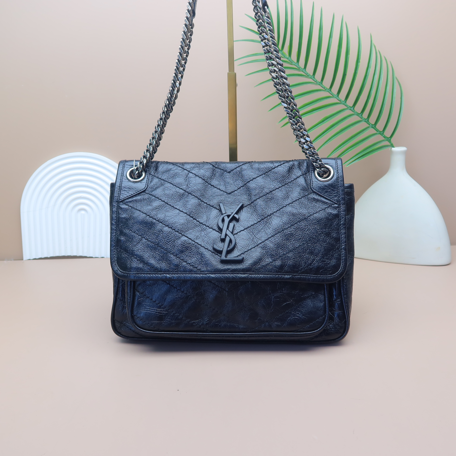 95新 物兮 YSL 圣罗兰 中号黑银NIKI单肩包 51701280191