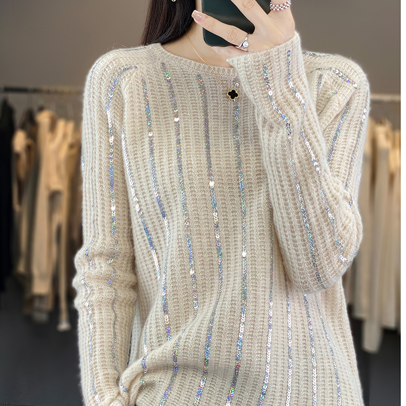 时尚亮片毛衣女纯羊毛圆领直筒修身针织衫温柔显瘦气质羊毛打底衫