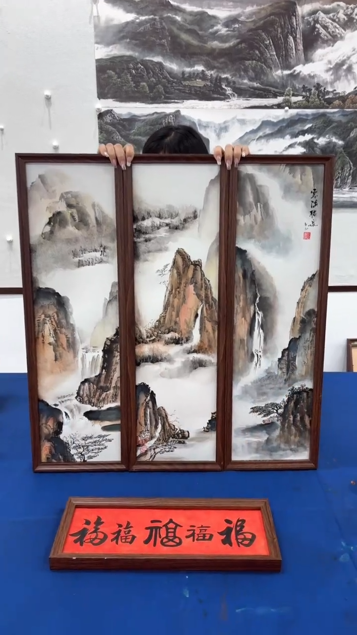 【闪购商品】绘画20*70国画-云海听泉+五福/张涛带框