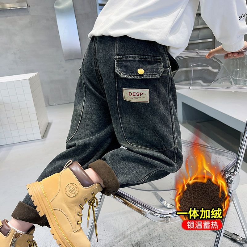 男童加绒牛仔裤2023冬季新款中大童潮流帅气一体绒裤子男孩长裤