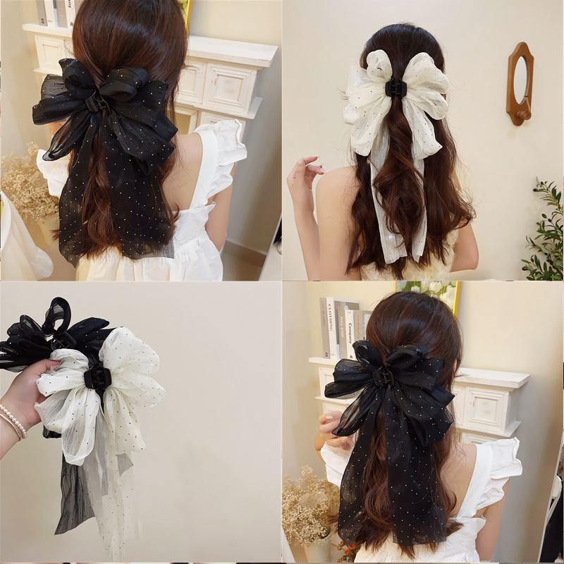 森系飘带网纱蝴蝶结棉花糖抓夹女后脑勺半扎发发夹气质鲨鱼夹头饰