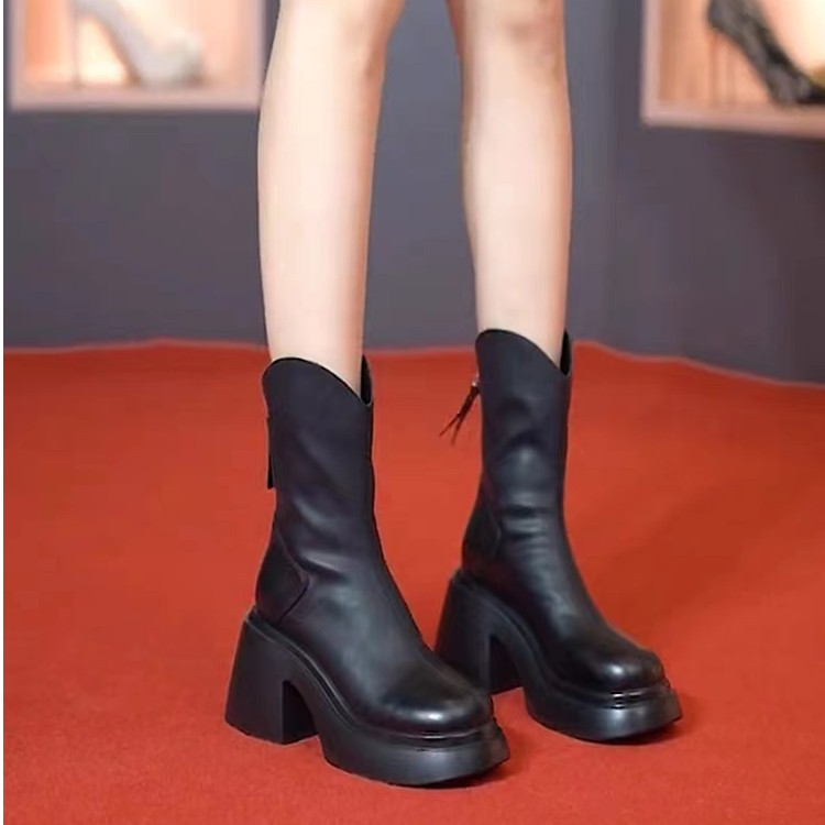 红蜻蜓牌圆头粗跟厚底短靴女2023秋冬新款加绒马丁靴百搭高跟时尚