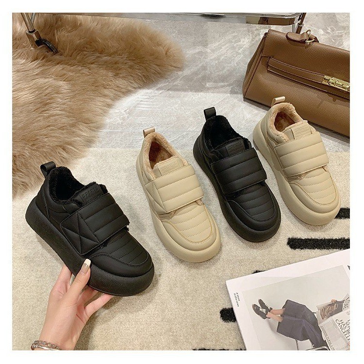 面包鞋棉鞋女冬季加绒2023新款魔术贴平底一脚蹬豆豆鞋低帮雪地靴