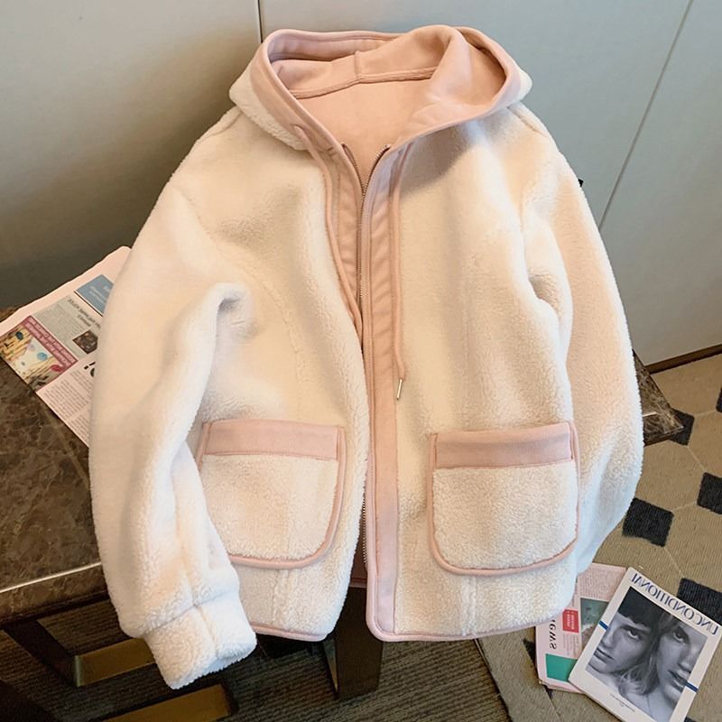 加厚日系温柔风撞色拼接羊羔毛外套女秋短款时尚百搭休闲洋气加绒