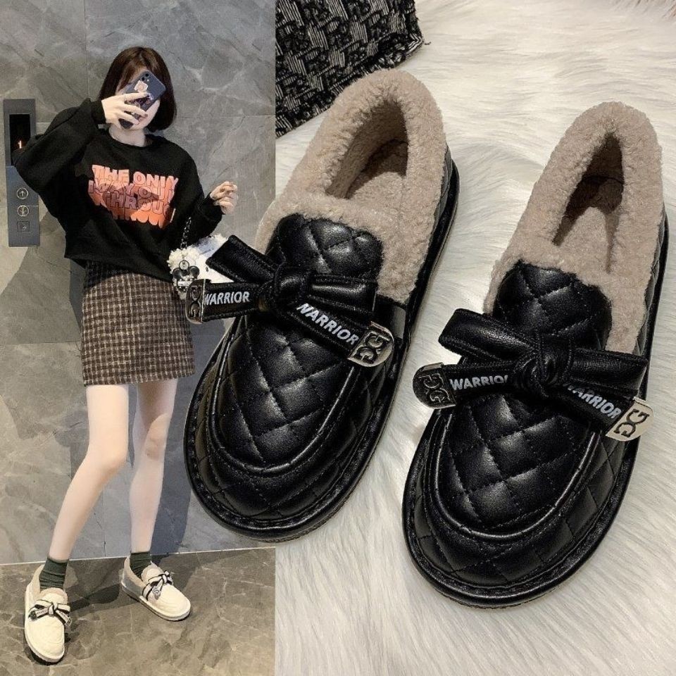 爆款棉鞋女冬加绒学生2023新款网红蝴蝶结一脚蹬外穿加绒厚绒大棉