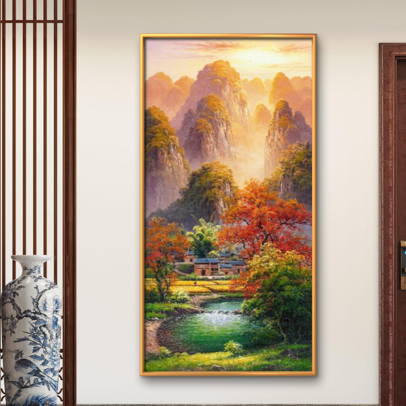 【聚宝盆】手绘肌理版画山水竖版油画挂画订制走廊客厅玄关茶室画