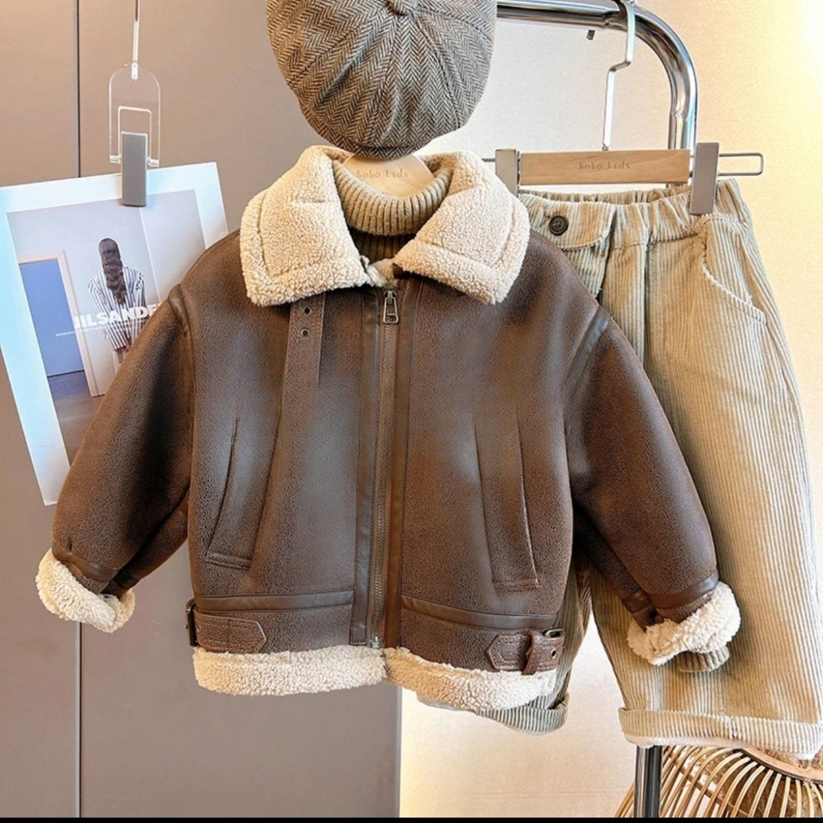 男童加绒外套2024冬季新款中小童宝宝时髦版一体机车服