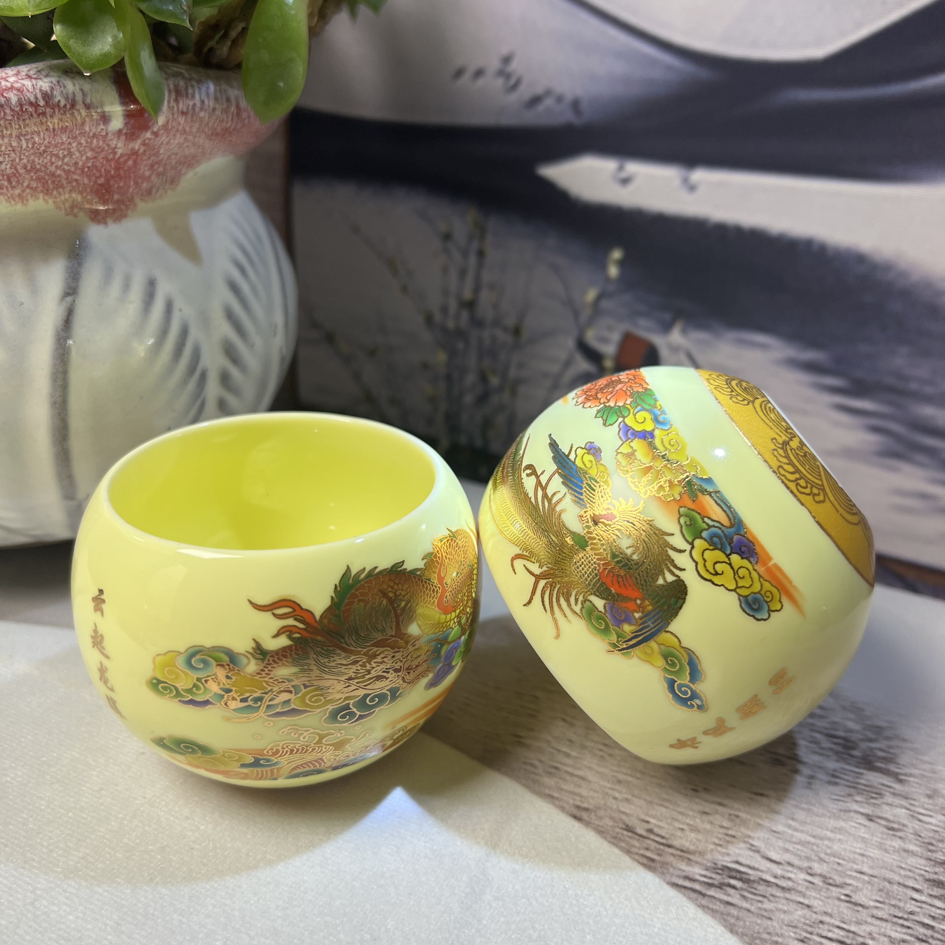 建盏茶盏龙凤呈祥（对杯）功夫主人杯品茗杯禅定杯高档创意中式手绘
