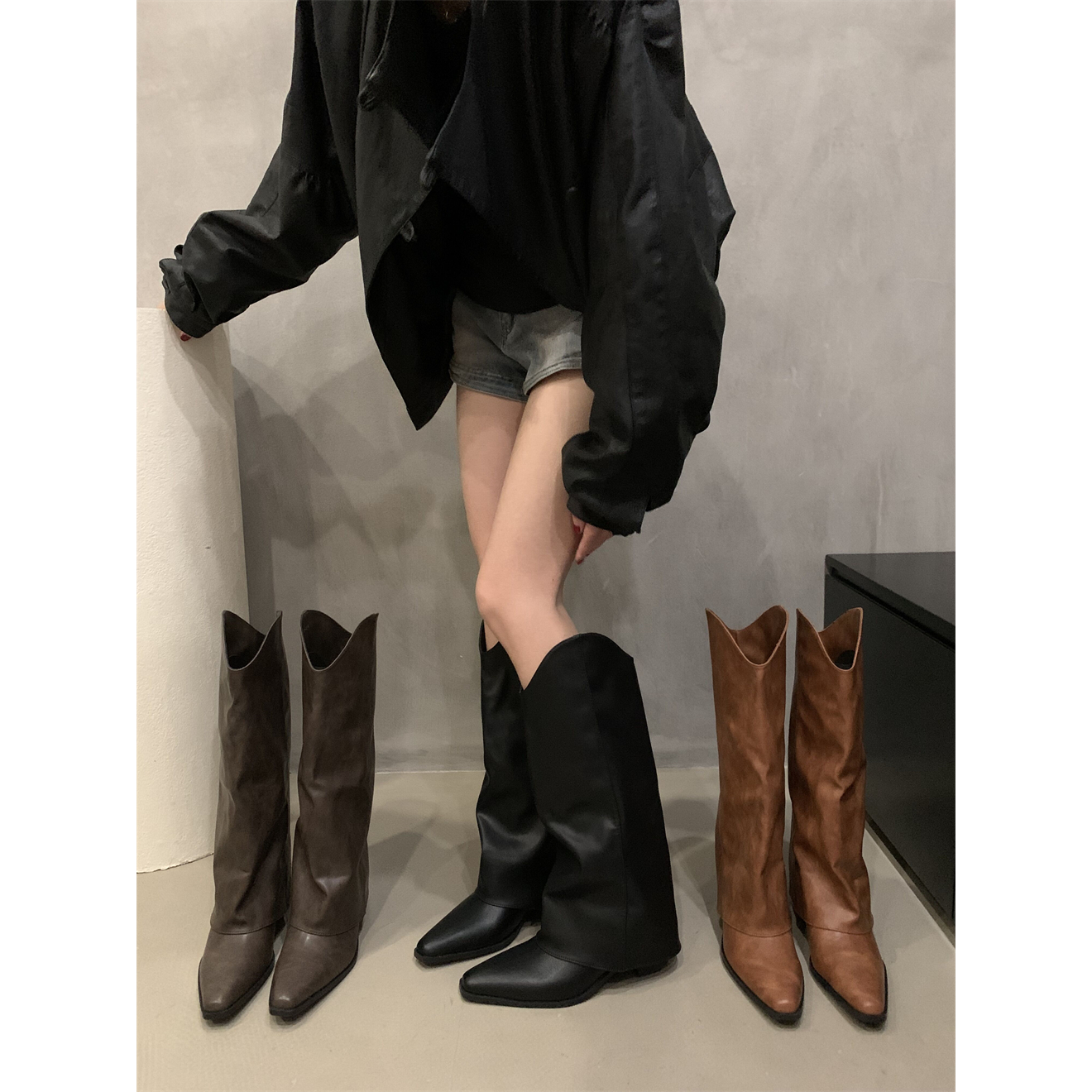 小个子长筒靴百搭西部牛仔靴秋冬小个子长靴复古高筒裤管靴骑士靴