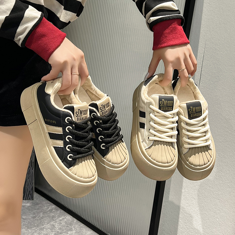 回力瑞丑萌大头面包鞋女2023秋冬加绒厚底增高小白鞋贝壳头运动休