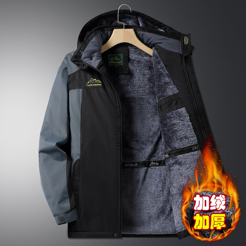 安踏神行冲锋衣男加绒加厚秋冬季中老年人爸爸冬装保暖棉服外套羊