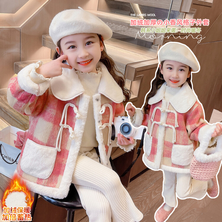 女童呢子外套2023新款女宝宝格子加绒加厚秋冬款儿童洋气网红毛呢