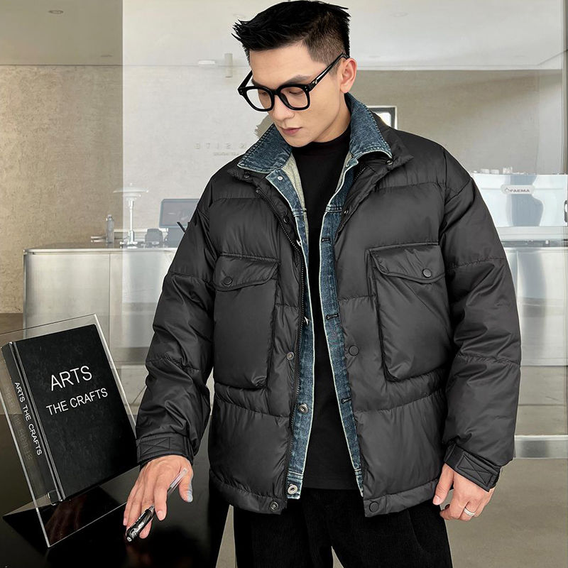波登司羽绒服2023新款轻熟男士痞帅假两件牛仔领大口袋冬季情侣保
