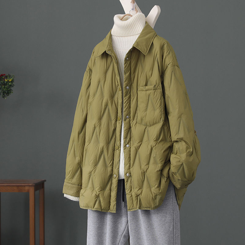 波登司2023新款白鸭绒外贸衬衫式翻领羽绒服女轻薄冬保暖宽松廓形