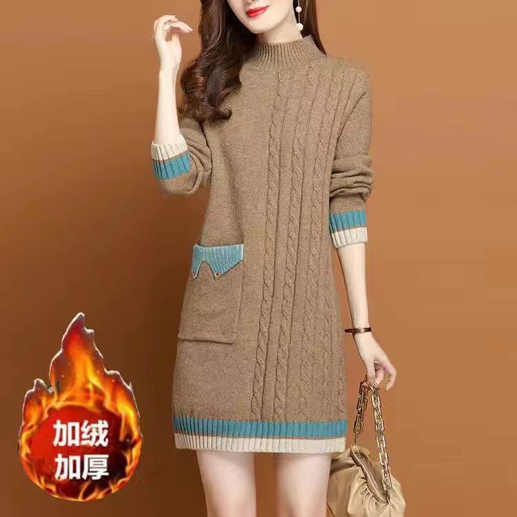 中长款韩版宽松毛衣女秋冬季女装加绒加厚半高领打底针织衫毛衣裙