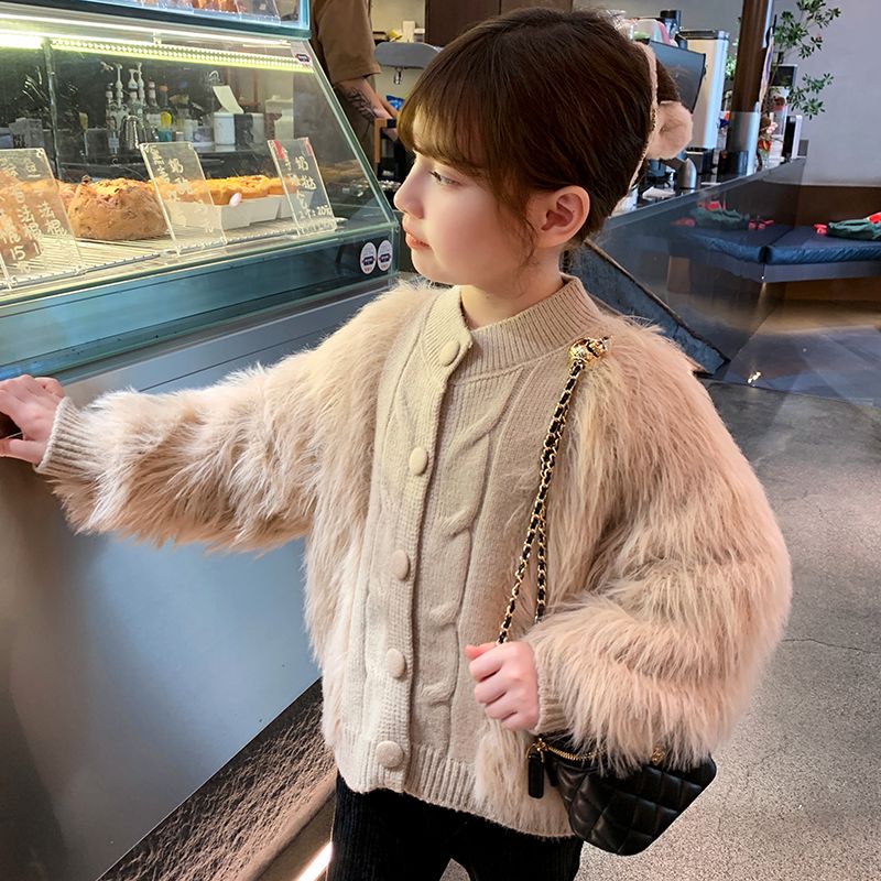 女童韩版毛毛拼接针织衫开衫2024秋冬加厚洋气毛线衣潮童装