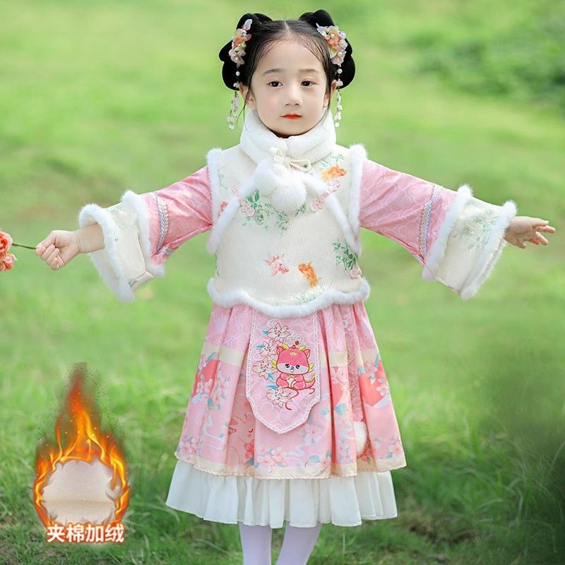 汉服女童冬款新年儿童古装加厚过年冬季唐装2023新款