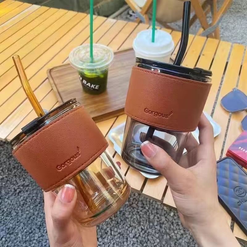 外带水杯竹节杯双饮杯网红带盖吸管玻璃咖啡牛奶杯子大容量时尚