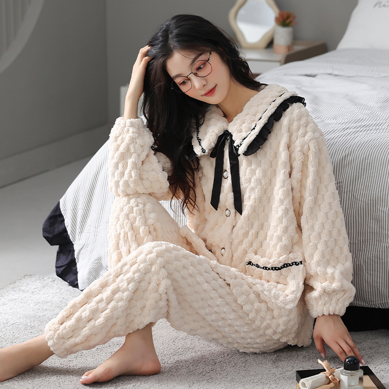 珊瑚绒睡衣女秋冬季绒款长袖长裤家居服套装加绒加厚52360