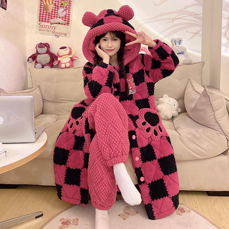 日本铺棉睡衣女款秋冬季珊瑚绒加厚加绒保暖法兰绒长版睡袍家居服