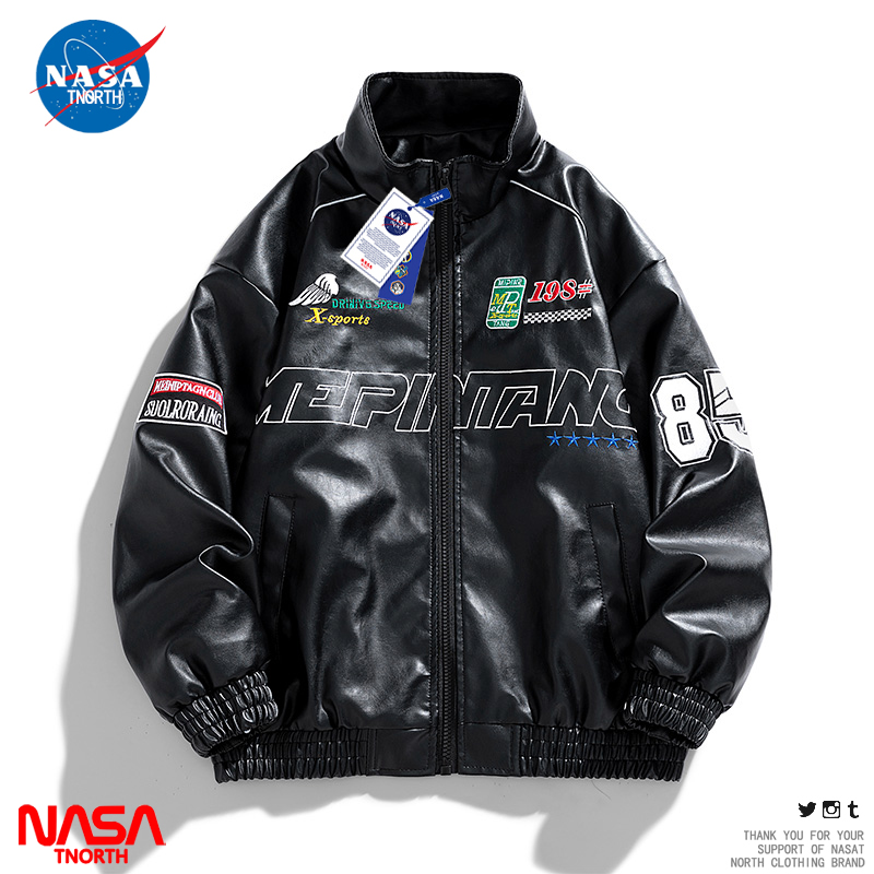 NASA联名秋冬季潮牌皮夹克男士宽松百搭休闲上情侣防风立领外套女