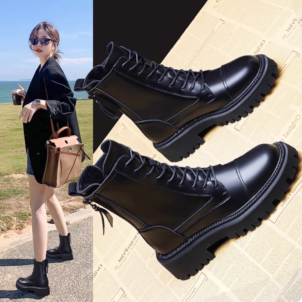 红蜻蜓牌马丁靴女2023秋冬新款英伦风显瘦短靴小个子加绒厚底中筒