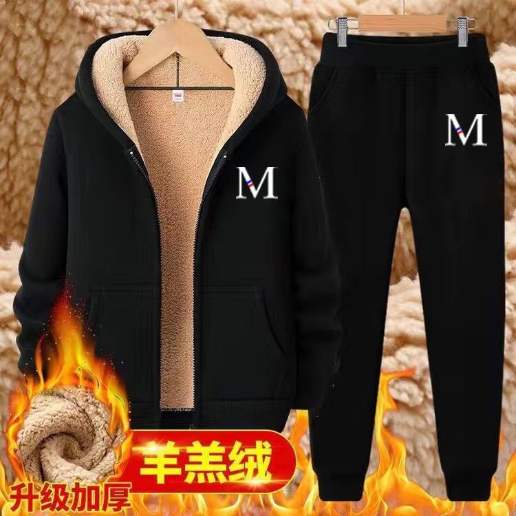 冬季防寒羊羔绒加厚卫衣裤子休闲外穿保暖套装男款青少年学生套装