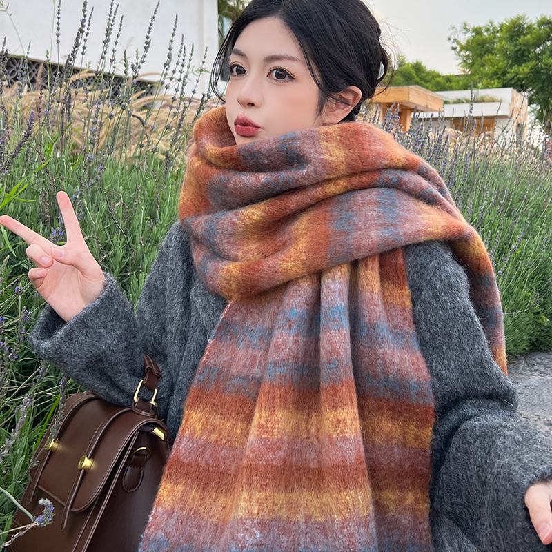 韩版条纹围巾冬季女生高级感拉毛彩色保暖围脖学生情侣披肩两用