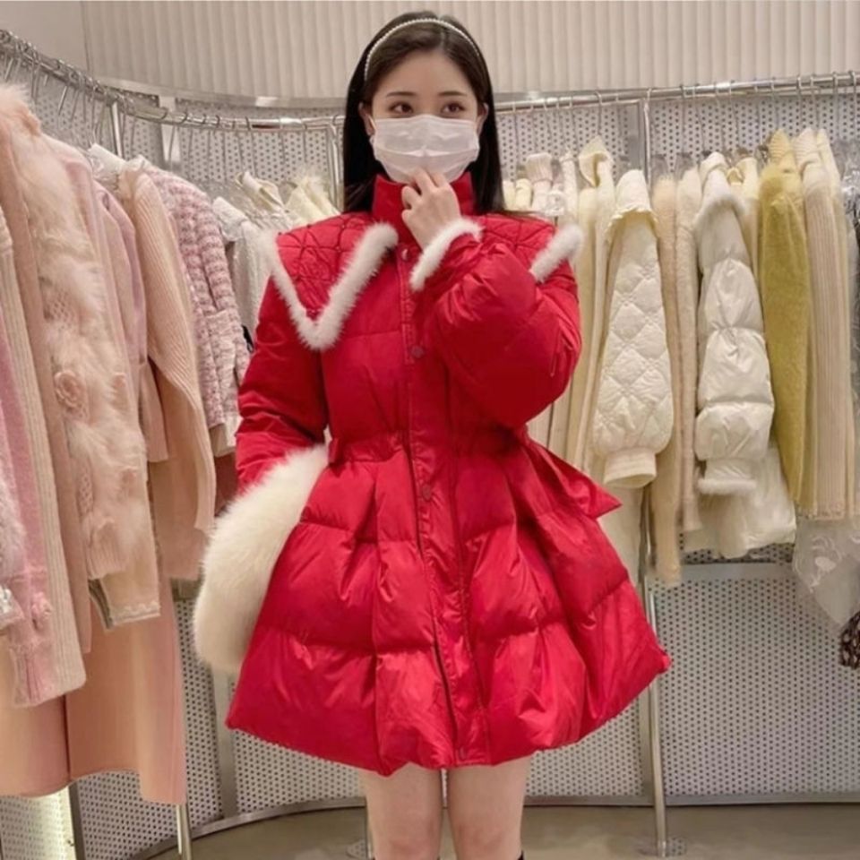 反季圣诞荷叶领白鸭绒羽绒服女中长款2023冬季新款洋气显瘦外套