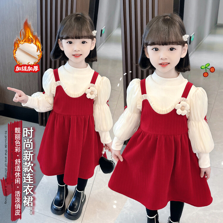 女童连衣裙儿童裙子套装秋冬装加绒加厚年服中国风宝宝过年新衣服