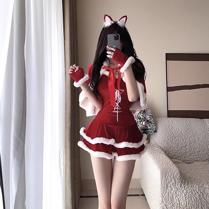 性感薄款圣诞趣味睡衣女秋冬红色丝绒连衣裙大码显瘦高腰纯欲风洛