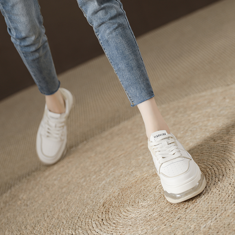 厚底气垫板鞋女松糕真皮小白鞋2023秋季新款百搭运动休闲单鞋
