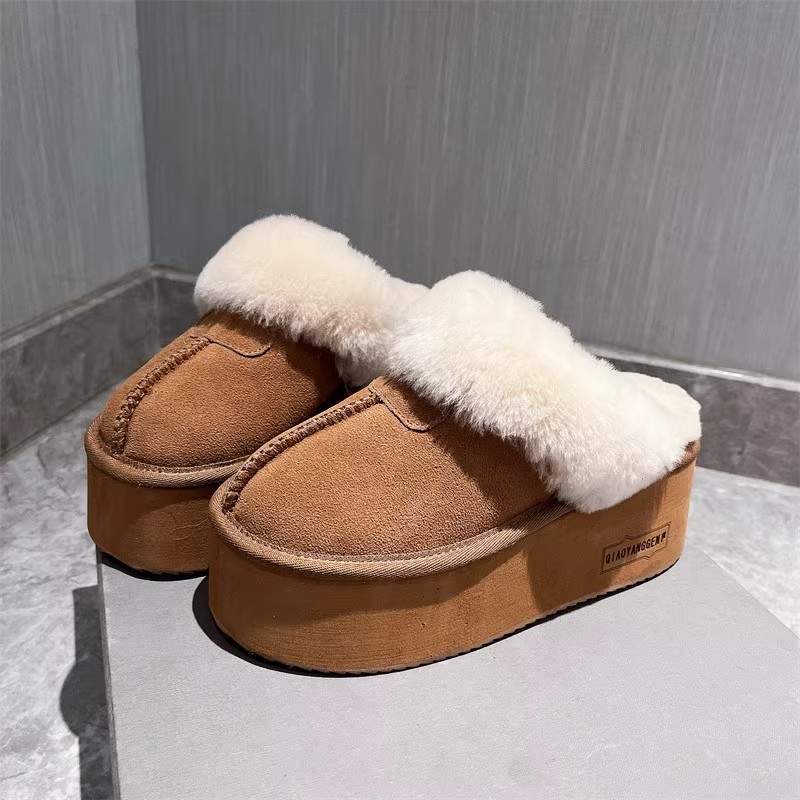 百丽纯爱真皮羊毛毛鞋包头室外穿厚底雪地棉半拖鞋小个子高跟鞋