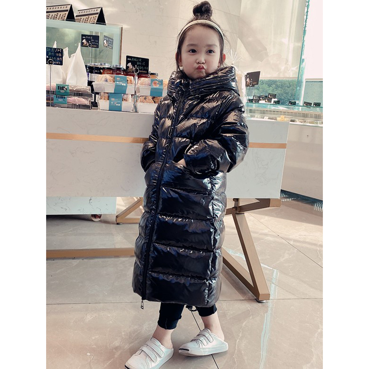 女童亮面免洗长款儿童羽绒服女孩过膝洋气加厚男童宝宝白鸭绒外套
