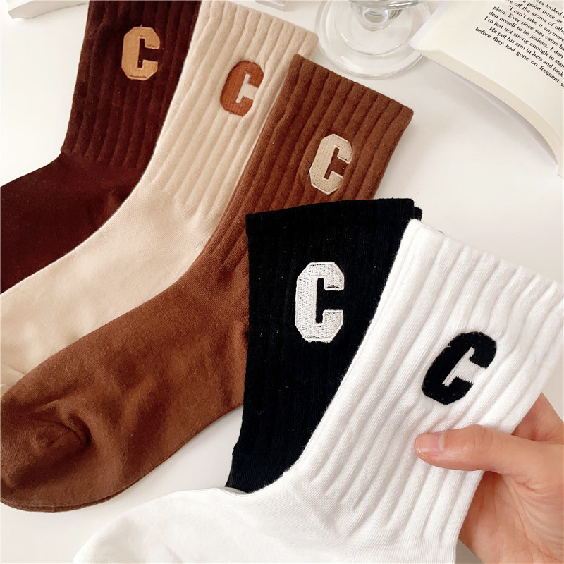 五双袜子女净色长筒大C白色运动袜韩国ins潮男士咖色系情侣袜