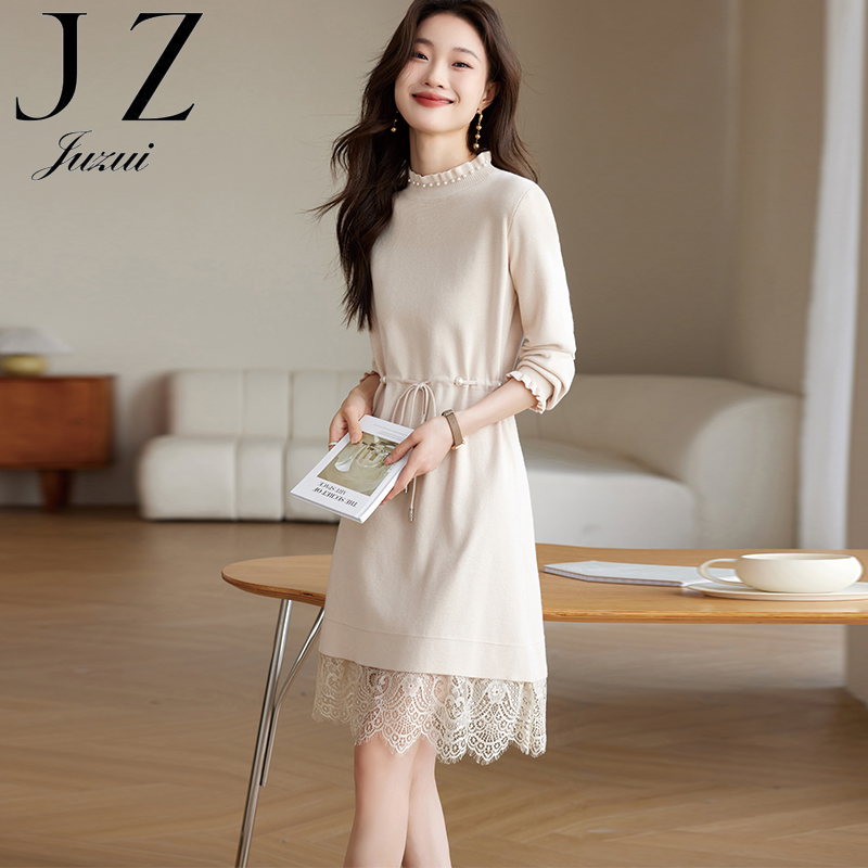 春秋新款半高领显瘦时尚修身百搭宽松花边收腰打底羊毛衣长袖女