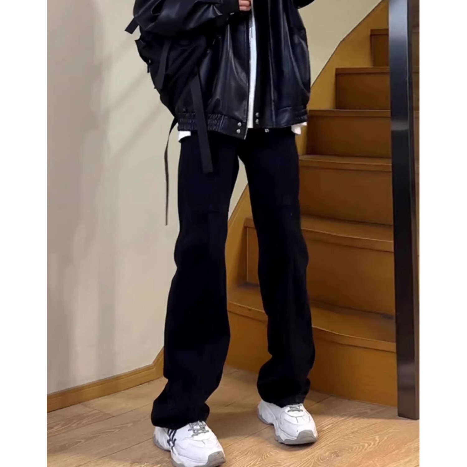 美式复古vibe裤子修身弹力纯黑色微喇牛仔裤男款高街潮牌直筒长裤