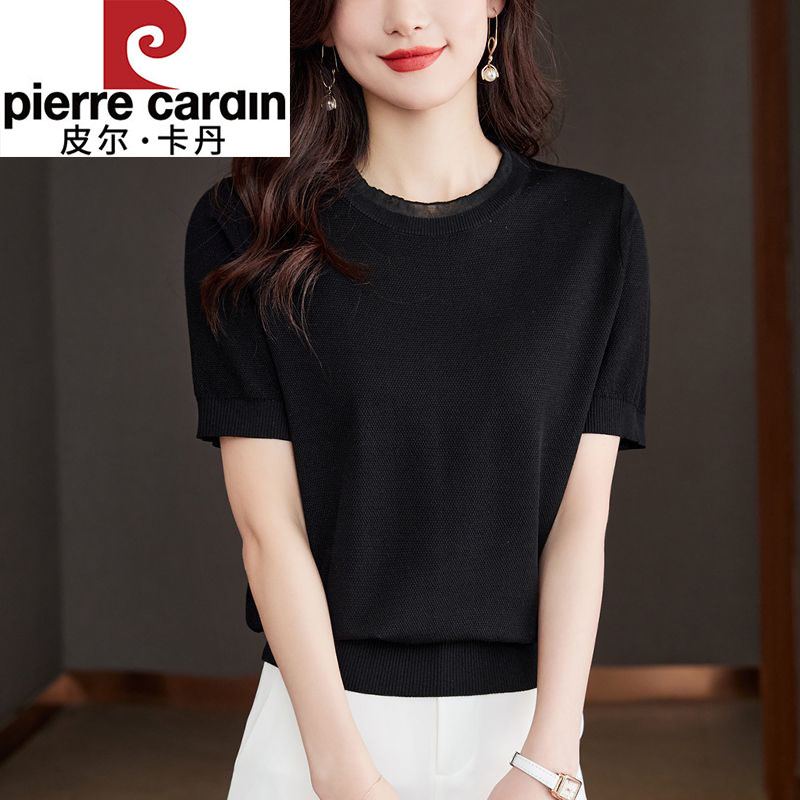 皮尔卡丹新款时尚短袖t恤女夏季高档洋气冰丝针织衫纯色百搭体恤