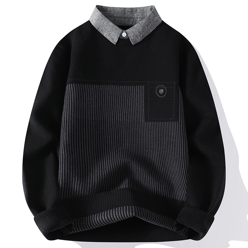 春秋季新款假两件毛衣男士潮流长袖打底衫线衣高档百搭痞帅针织衫