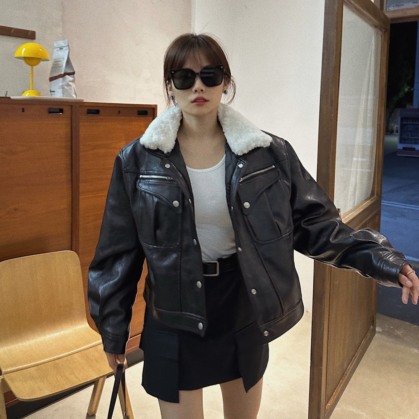 井迪儿【故事开始】～黑色机车夹棉皮衣外套毛领可拆卸