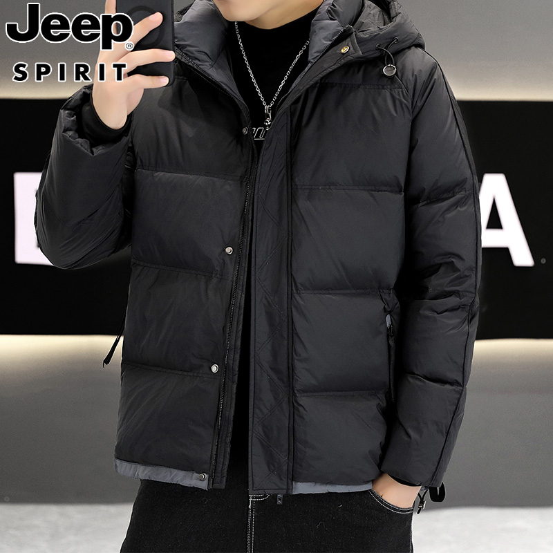 Jeep吉普男士短款带帽羽绒服2023年新款潮男厚款白鸭绒保暖外套