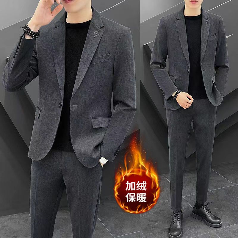 男男士休闲加绒小西装韩版修身套装秋冬季高级感西服
