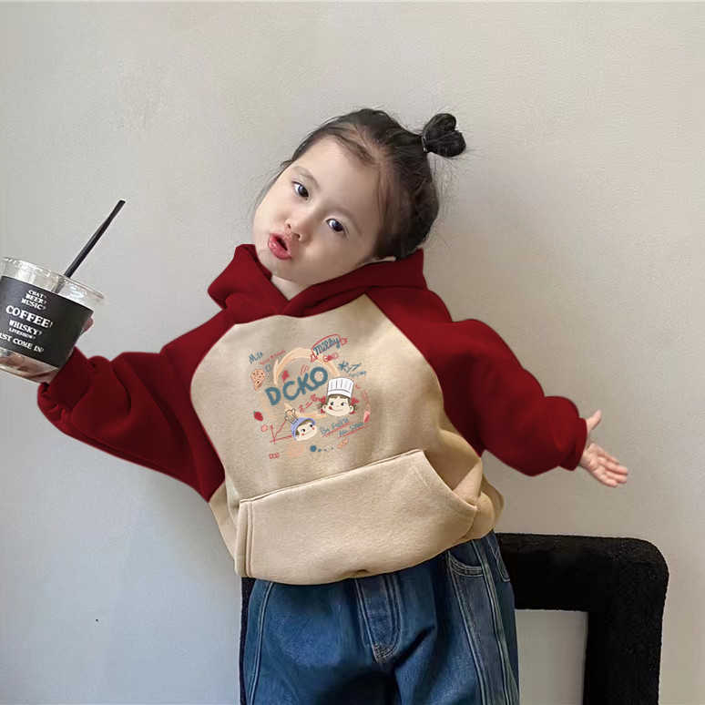 女童加绒卫衣秋冬款拼色卡通印花带帽子上衣宝宝休闲宽松保暖绒衫