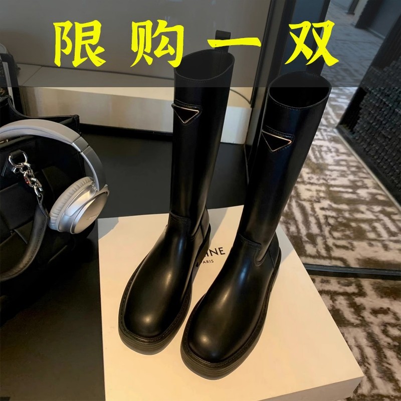 红蜻蜓牌牛皮版~家三角标厚底骑士靴女直筒靴增高中筒靴真皮显