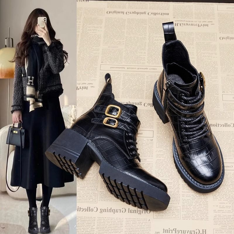 远方马丁靴女2023新款瘦瘦女靴秋冬女鞋棉鞋粗跟高跟短靴加时尚